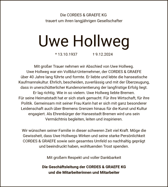 Traueranzeige von Uwe Hollweg von SYKSYKSYK