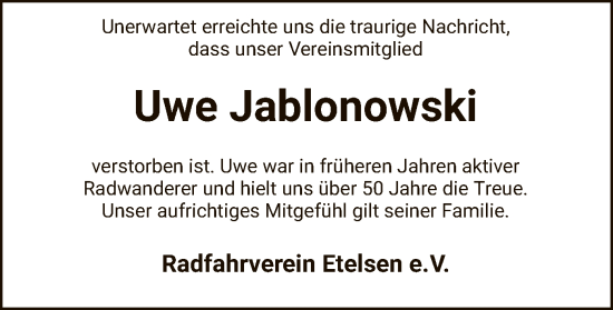 Traueranzeige von Uwe Jablonowski von SYK