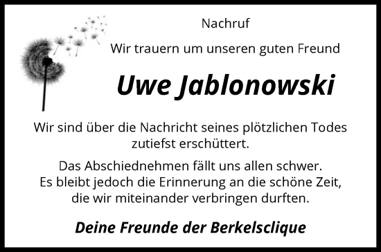 Traueranzeige von Uwe Jablonowski von SYK