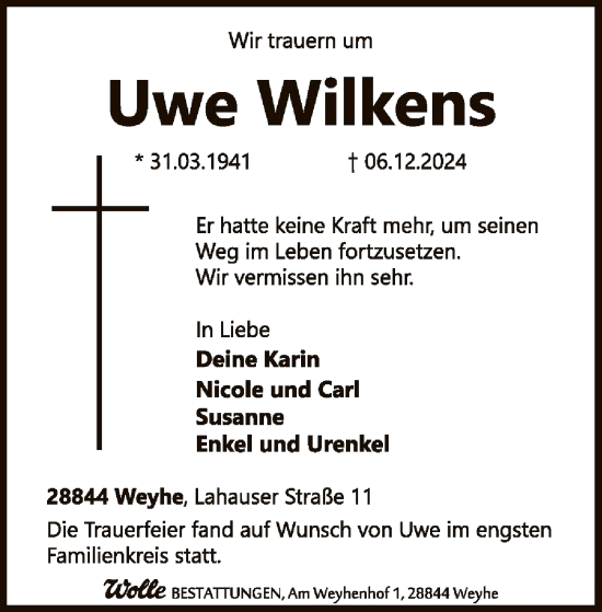 Traueranzeige von Uwe Wilkens von SYK