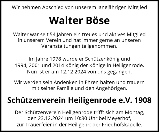 Traueranzeige von Walter Böse von SYK