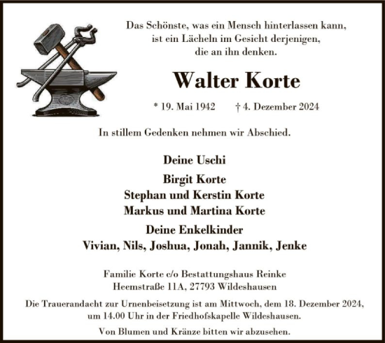 Traueranzeige von Walter Korte von SYK