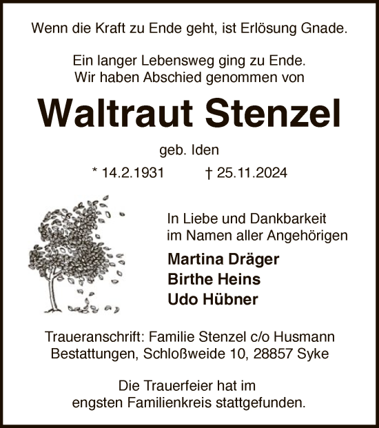 Traueranzeige von Waltraut Stenzel von SYK