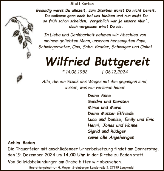 Traueranzeige von Wilfried Buttgereit von SYK