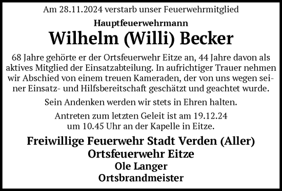 Traueranzeige von Wilhelm Becker von SYK