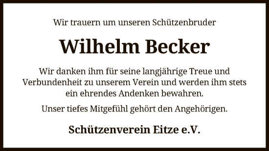 Traueranzeige von Wilhelm Becker von SYK