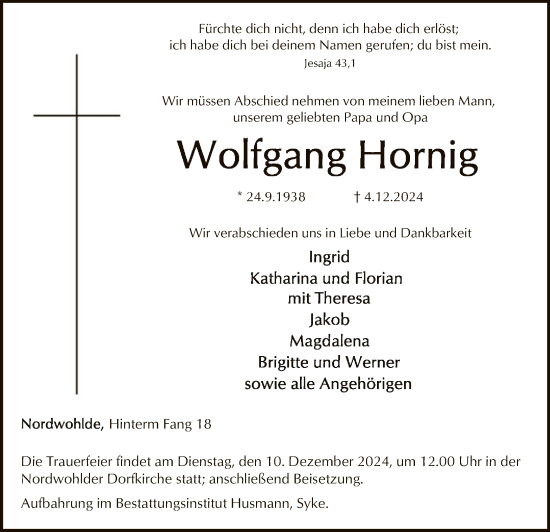 Traueranzeige von Wolfgang Hornig von SYK