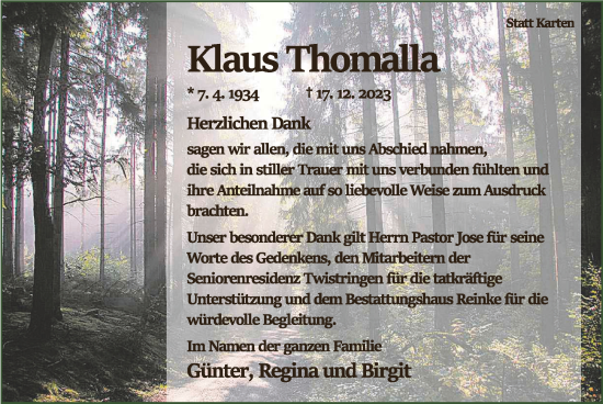 Traueranzeige von Klaus Thomalla von SYK