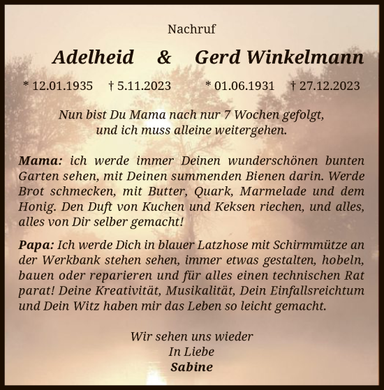 Traueranzeige von Adelheid und Gerd Winkelmann von SYK