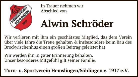Traueranzeige von Alwin Schröder von SYK
