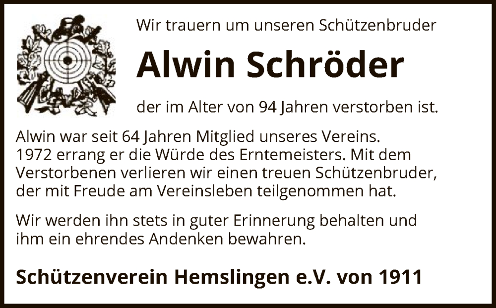  Traueranzeige für Alwin Schröder vom 17.02.2024 aus SYK