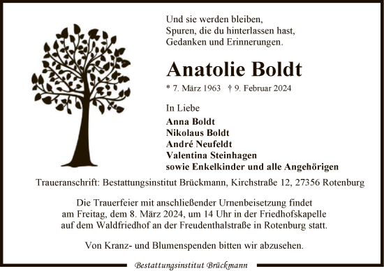 Traueranzeige von Anatolie Boldt von SYK