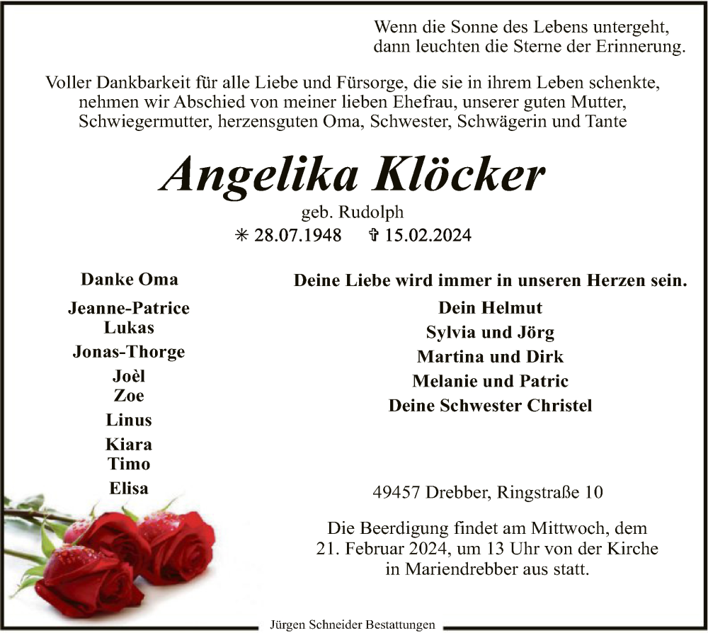  Traueranzeige für Angelika Klöcker vom 17.02.2024 aus SYK
