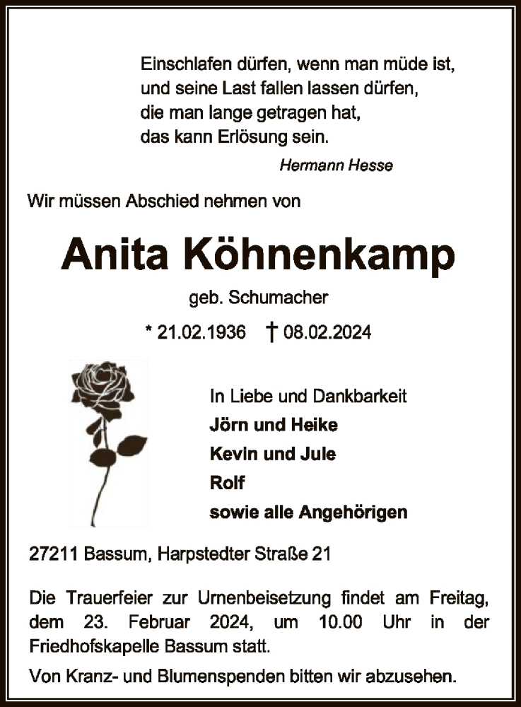  Traueranzeige für Anita Köhnenkamp vom 17.02.2024 aus SYK