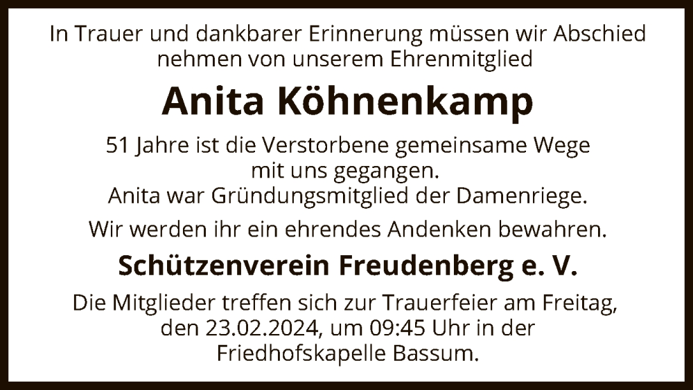  Traueranzeige für Anita Köhnenkamp vom 17.02.2024 aus SYK