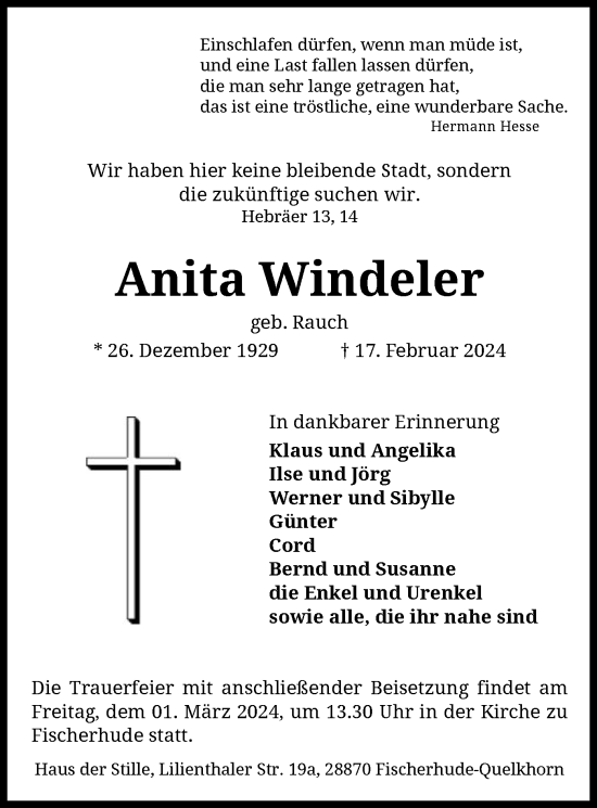 Traueranzeige von Anita Windeler von SYK