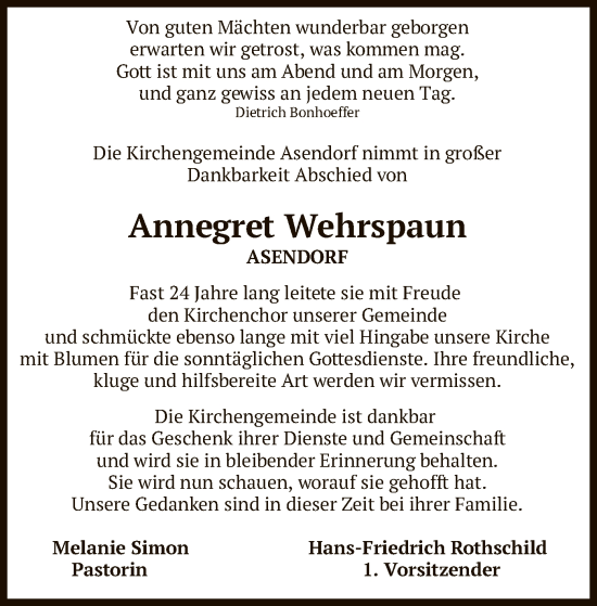Traueranzeige von Annegret Wehrspaun von SYK