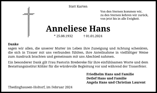 Traueranzeige von Anneliese Hans von SYK