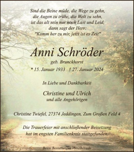 Traueranzeige von Anni Schröder von SYK