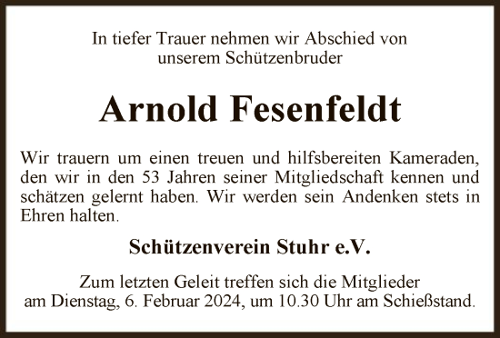 Traueranzeige von Arnold Fesenfeldt von SYK