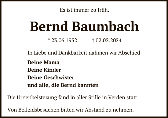 Traueranzeige von Bernd Baumbach von SYK