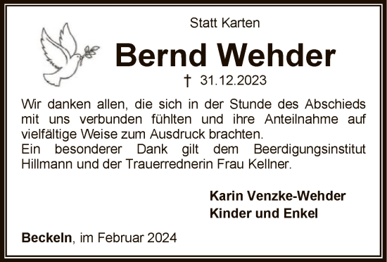 Traueranzeige von Bernd Wehder von SYKSYK