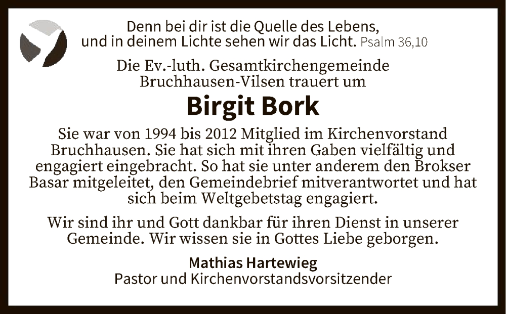  Traueranzeige für Birgit Bork vom 07.02.2024 aus SYK