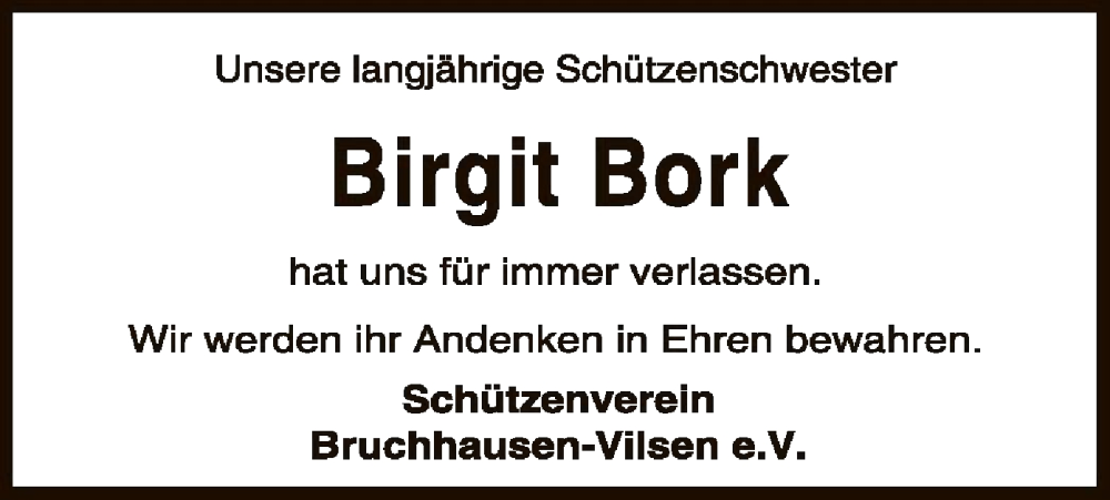  Traueranzeige für Birgit Bork vom 06.02.2024 aus SYK