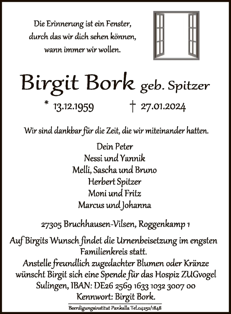  Traueranzeige für Birgit Bork vom 03.02.2024 aus SYK