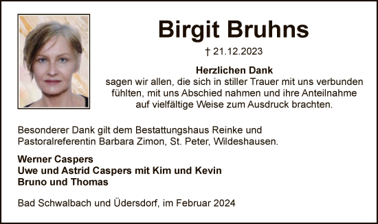 Traueranzeige von Birgit Bruhns von SYK