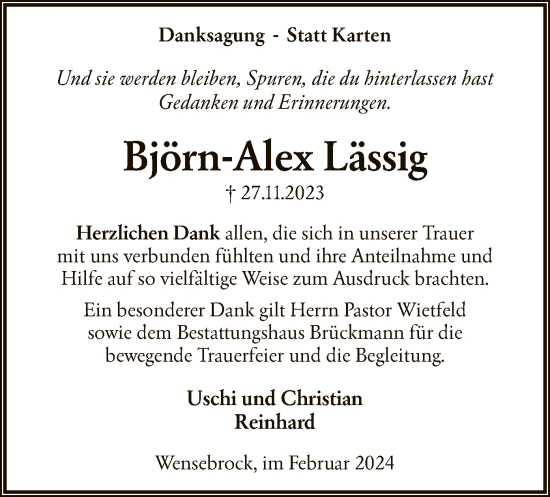 Traueranzeige von Björn-Alex Lässig von SYK
