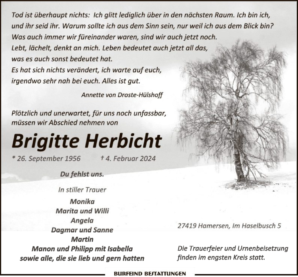  Traueranzeige für Brigitte Herbicht vom 08.02.2024 aus SYK