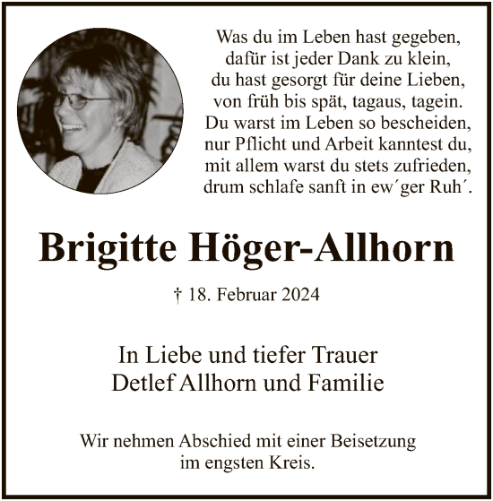 Traueranzeige von Brigitte Höger-Allhorn von SYK