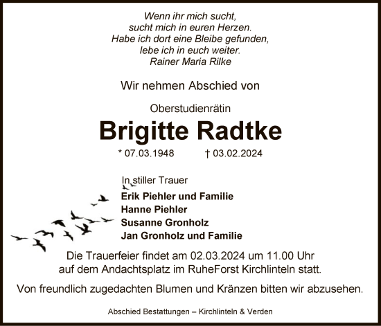 Traueranzeige von Brigitte Radtke von SYK
