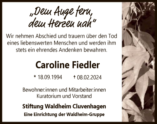 Traueranzeige von Caroline Fiedler von SYK