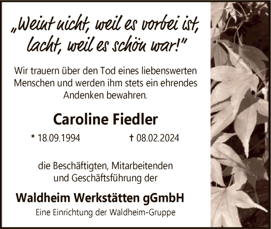 Traueranzeige von Caroline Fiedler von SYK