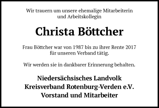 Traueranzeige von Christa Böttcher von SYK