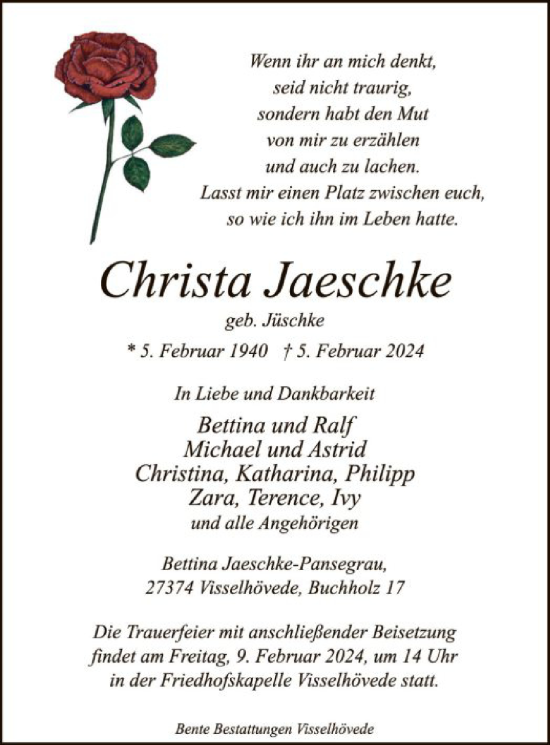Traueranzeige von Christa Jaeschke von SYK