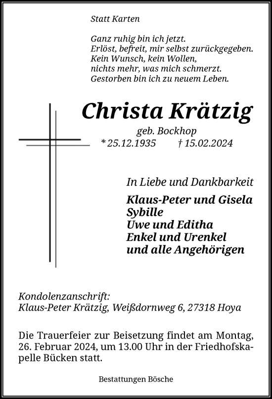 Traueranzeige von Christa Krätzig von SYK