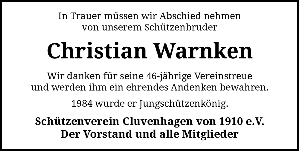  Traueranzeige für Christian Warnken vom 10.02.2024 aus SYK