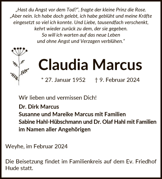 Traueranzeige von Claudia Marcus von SYK
