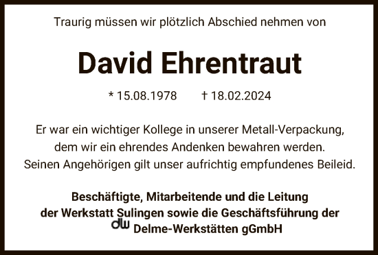 Traueranzeige von David Ehrentraut von SYK