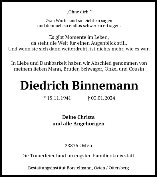 Traueranzeige von Diedrich Binnemann von SYK