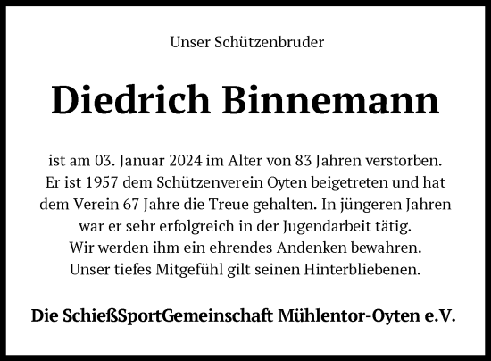 Traueranzeige von Diedrich Binnemann von SYK