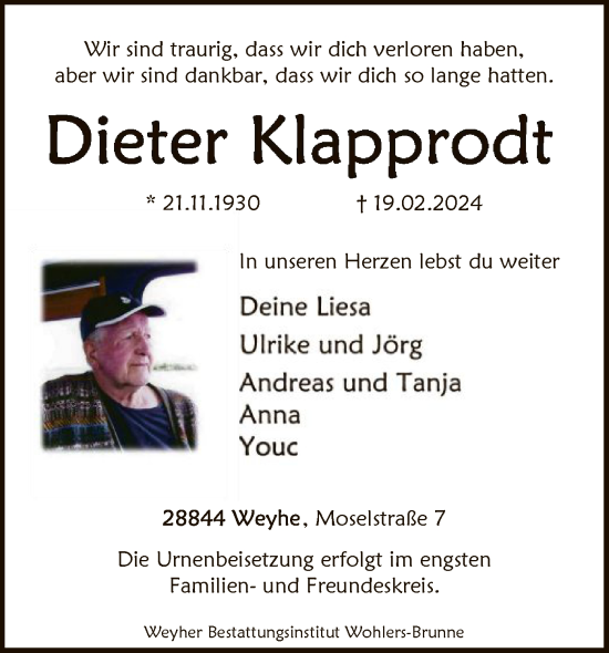 Traueranzeige von Dieter Klapprodt von SYK