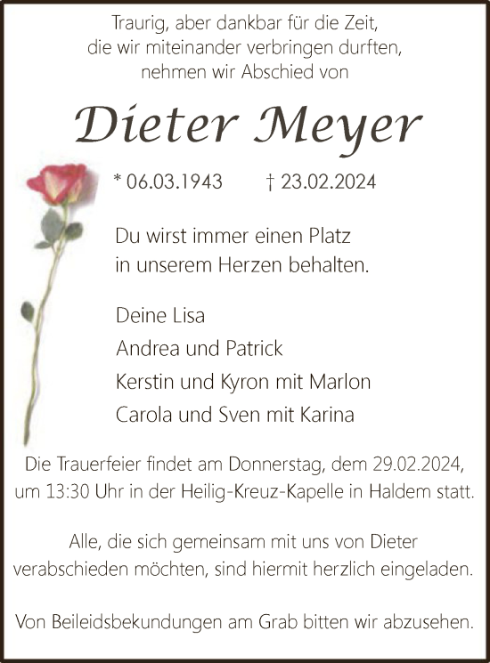 Traueranzeige von Dieter Meyer von SYK