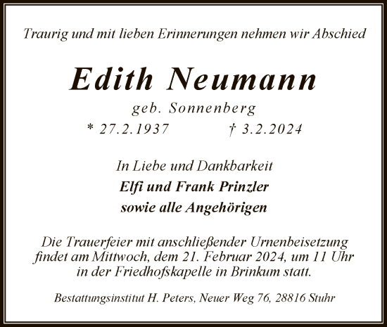 Traueranzeige von Edith Neumann von SYK