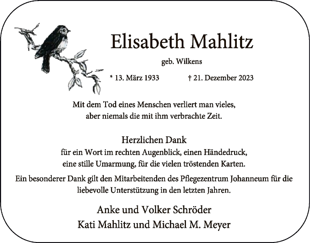  Traueranzeige für Elisabeth Mahlitz vom 17.02.2024 aus SYK