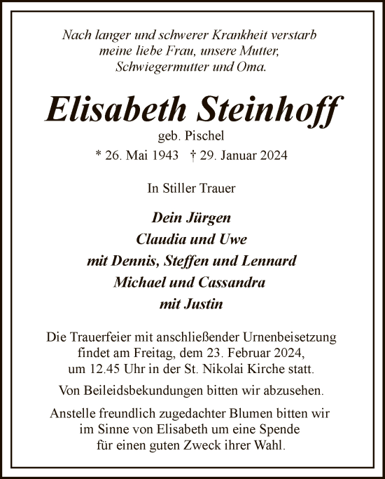 Traueranzeige von Elisabeth Steinhoff von SYK