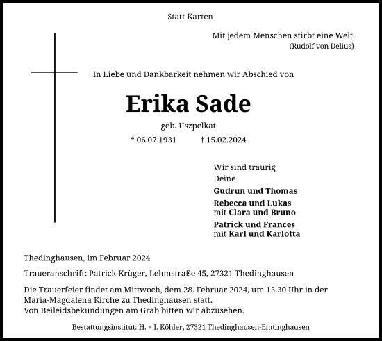 Traueranzeige von Erika Sade von SYK